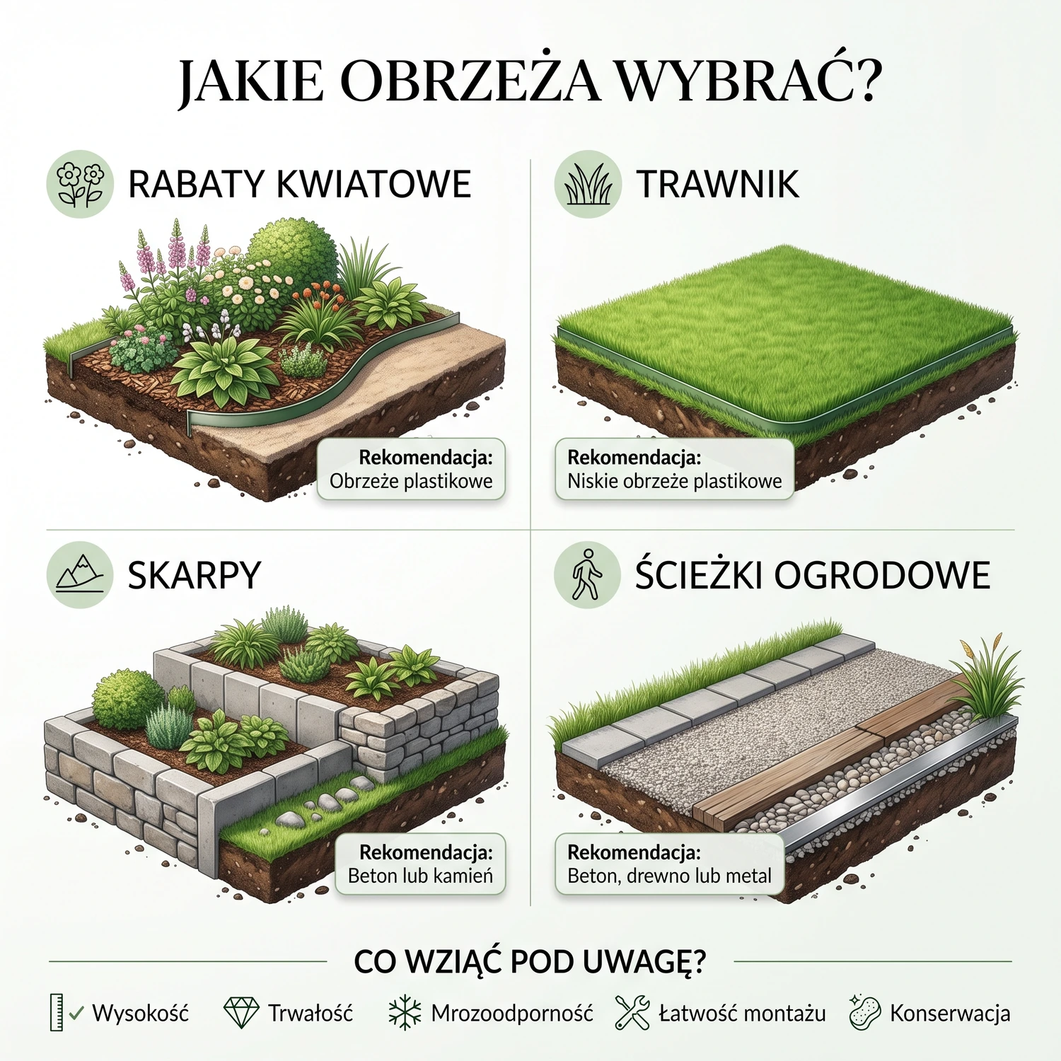 Drewniana i betonowa palisada oddzielająca rabatę od żwirowej ścieżki w ogrodzie
